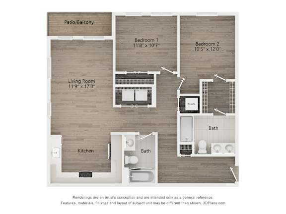 A floor plan of a home with a living room, kitchen, two bedrooms, a bathroom, and a patio.