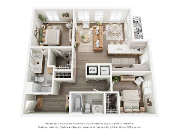 A 3D floor plan of a house with a kitchen, living room, and bathrooms.
