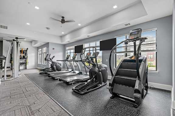 A gym with treadmills, elliptical machines, and a fan.