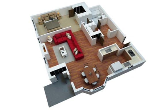 a floor plan of a living room with a red couch