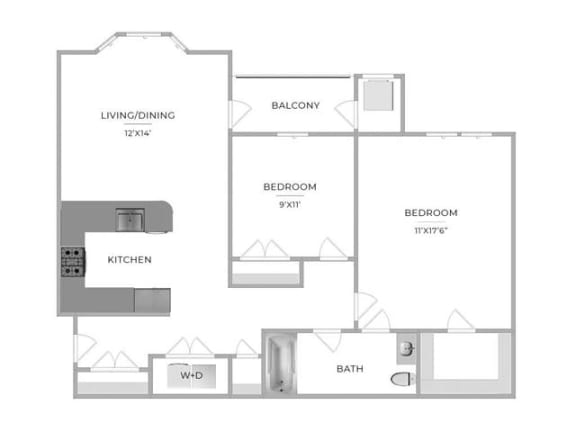 2 Bed 1 Bath Floor Plan  at Barclay Glen Apartments, Williamstown