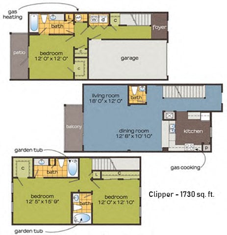 Floor Plan  3x35 1730SQFT Clipper Floor Plan at The Ledges Apartment Homes, Groton, Connecticut