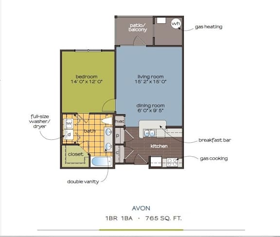 A floor plan for a 1 bedroom, 1 bathroom apartment by Avon.