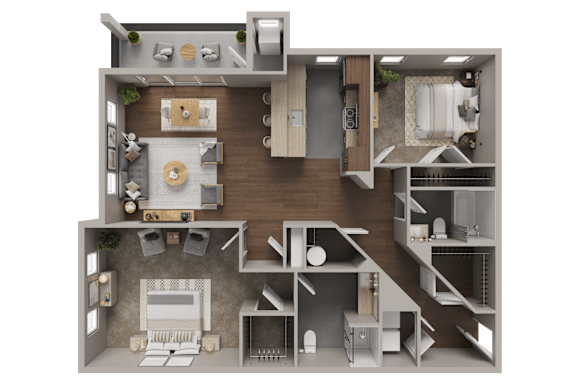 A 3D rendered image of a house layout.