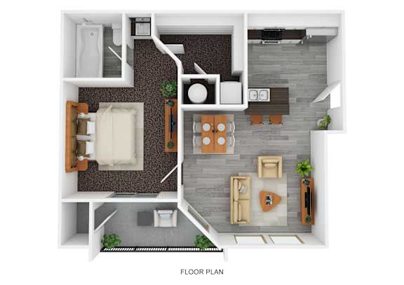 A floor plan of a small apartment with a kitchen, living room, and bathroom.