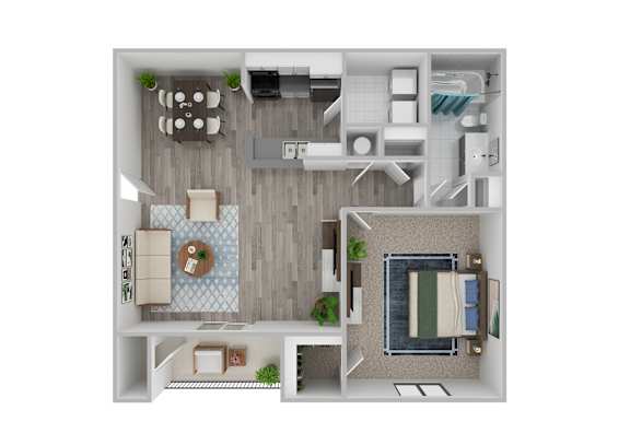 A top down view of a small apartment with a kitchen, living room, and bathroom.