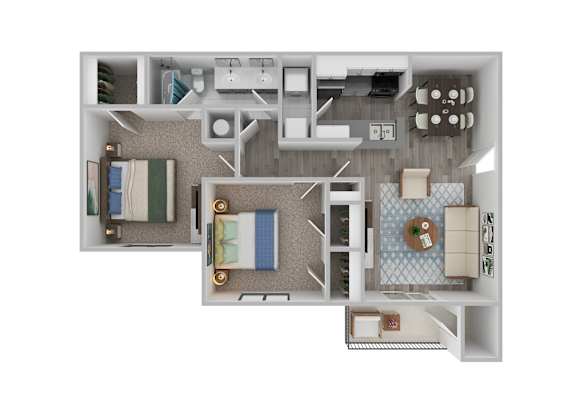 A 3D floor plan of a small apartment with a kitchen, living room, and bathroom.