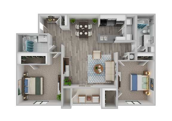 A top-down view of a small apartment with a kitchen, living room, and bathroom.