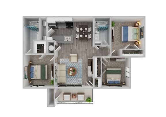 A 3D floor plan of a small apartment with a kitchen, living room, and bedrooms.