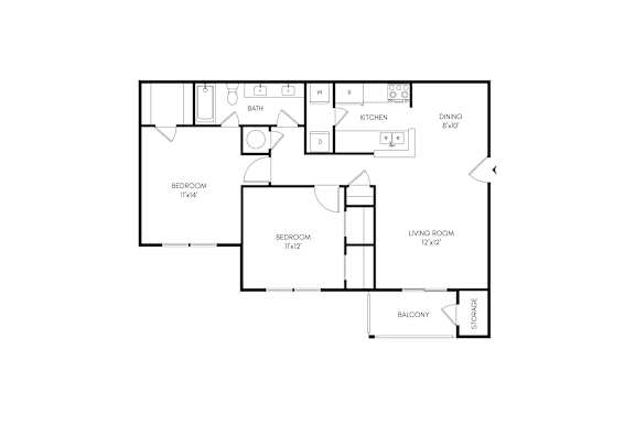 A floor plan of a house with a living room, two bedrooms, a kitchen, a dining room, a bathroom, a balcony, and a storage area.