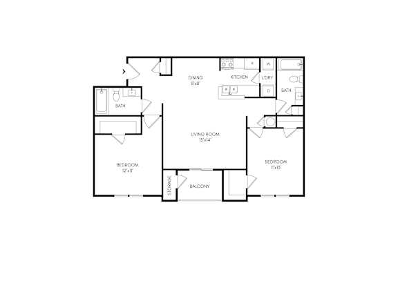 A floor plan of a house with a living room, dining room, kitchen, two bathrooms, a balcony, and three bedrooms.