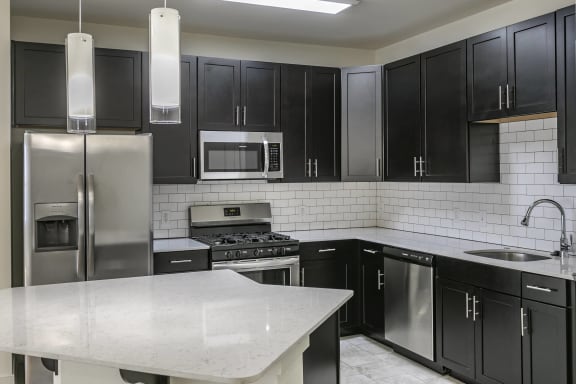 a kitchen with stainless steel appliances and black cabinets at The Collings at the Lumberyard, Collingswood, 08108
