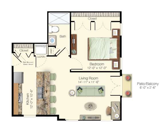 A floor plan of a home showing a living room, kitchen, and two bedrooms.