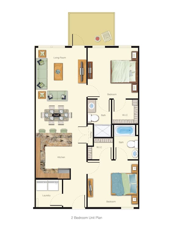 A floor plan of a 2 bedroom apartment with a living room, kitchen, laundry and bathrooms.
