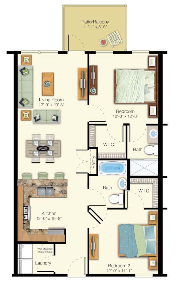 A floor plan of a Patio/Balkony with a living room, kitchen, two bedrooms, and two bathrooms.