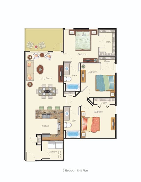 A 3 bedroom apartment layout with a living room, kitchen, and bathrooms.