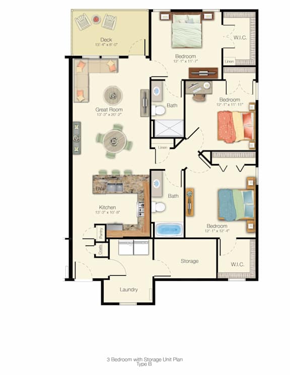 A floor plan of an apartment with a kitchen, living room, and two bedrooms.