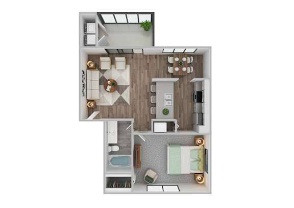 A top-down view of a small apartment with a kitchen, living room, and bathroom.