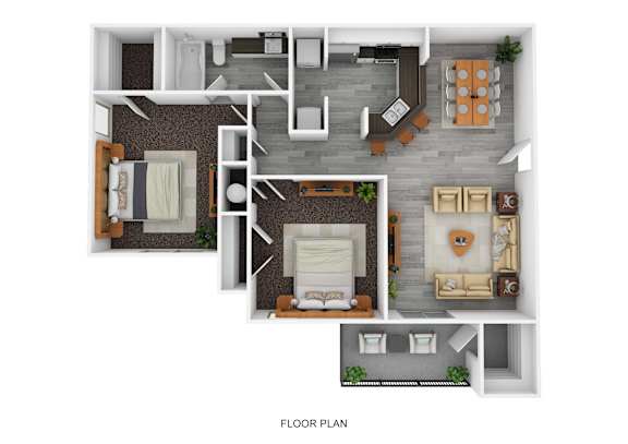 A floor plan of a house with a living room, dining room, kitchen, and two bedrooms.
