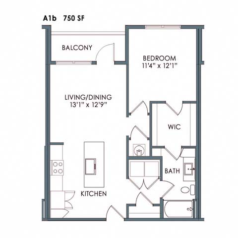 1 bed 1 bath floor plan A at Meeder Flats Apartment Homes, Cranberry Township, PA