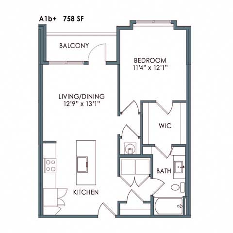 1 bed 1 bath floor plan B at Meeder Flats Apartment Homes, Cranberry Township, 16066