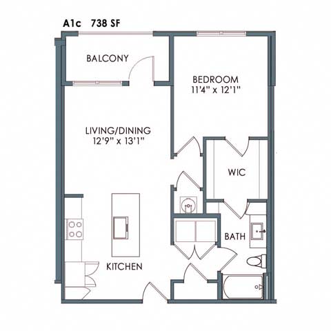 1 bed 1 bath floor plan Cat Meeder Flats Apartment Homes, Cranberry Township, Pennsylvania
