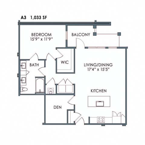1 bed 1 bath floor plan Dat Meeder Flats Apartment Homes, Cranberry Township