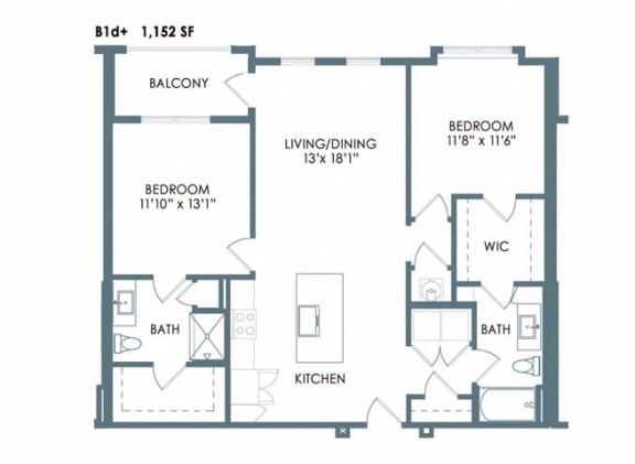 2 bed 2 bath floor plan F at Meeder Flats Apartment Homes, Cranberry Township