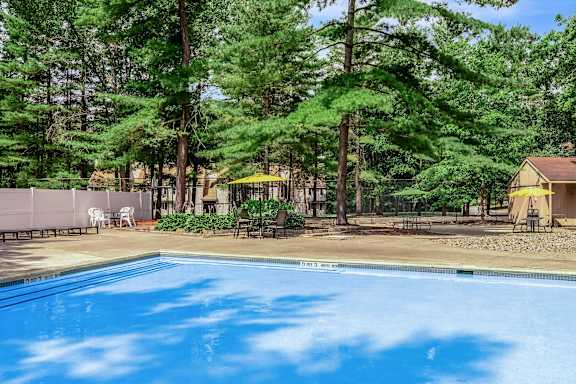 A swimming pool surrounded by trees and a yellow umbrella.