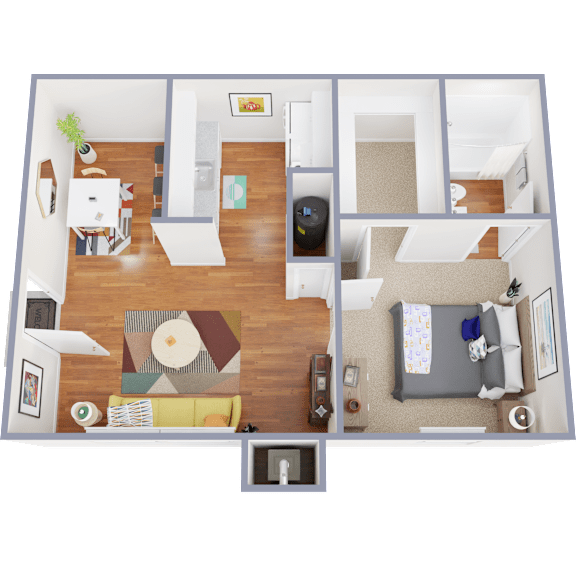 Floor Plan  A top-down view of a living room with a couch, coffee table, and a rug.