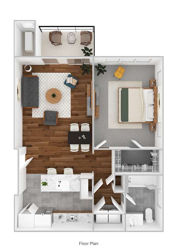 A floor plan of a small apartment with a kitchen, living room, and bathroom.