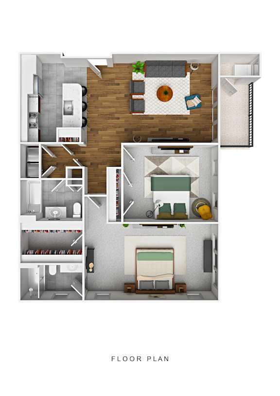 A floor plan of a small apartment with a kitchen, living room, and bathroom.