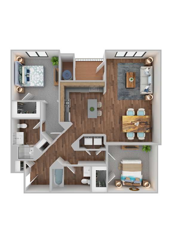 A 3D floor plan of a small apartment with a kitchen, living room, and bathroom.