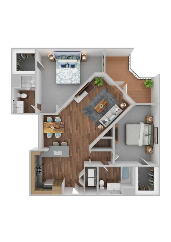 A 3D rendered image of a house layout.