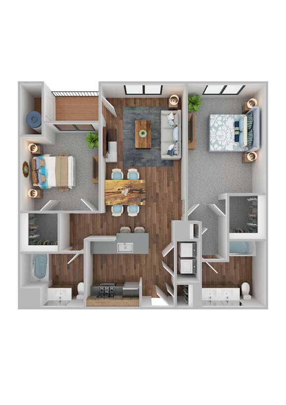 A 3D rendered image of a small apartment layout.