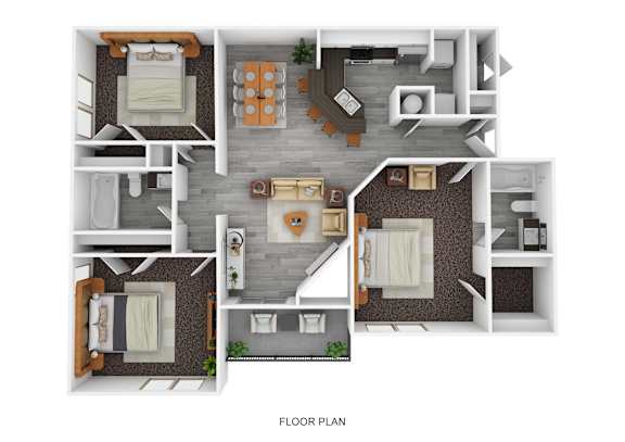 A floor plan of a house with two bedrooms, a living room, a kitchen, and a bathroom.