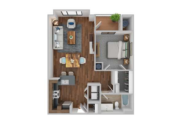 A top-down view of a small apartment with a kitchen, living room, and bedroom.