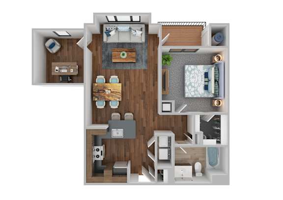 Floor Plan  A 3D rendered image of a modern apartment layout.
