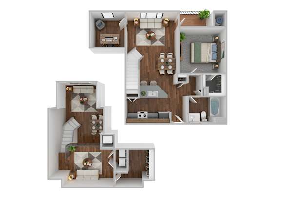 A top-down view of a house layout with a kitchen, living room, bedrooms, and bathrooms.