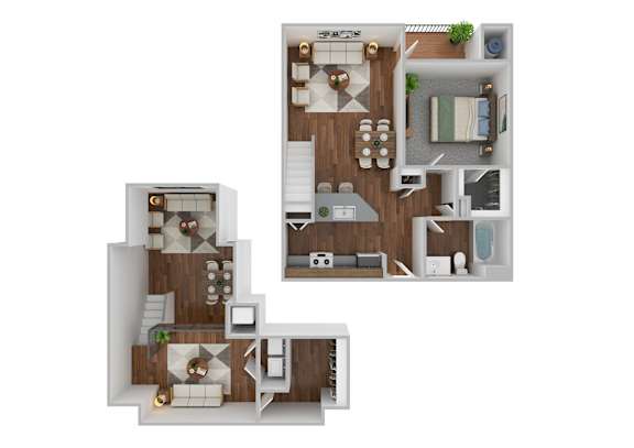 A 3D floor plan of a house with a kitchen, living room, dining room, and bedrooms.