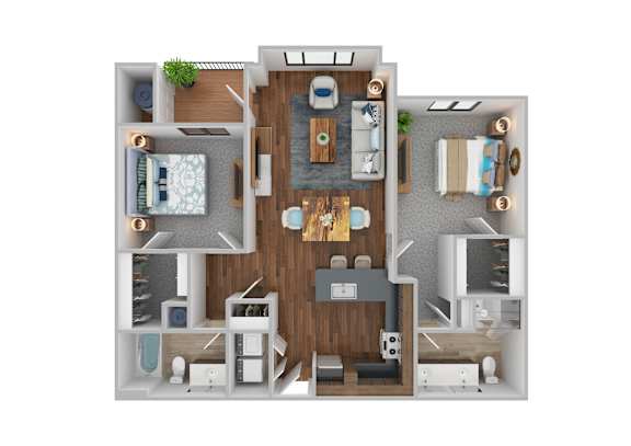 A top-down view of a modern apartment layout with a kitchen, living room, and bedrooms.