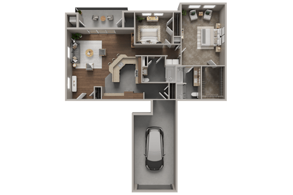 A detailed floor plan of a house with a kitchen, living room, and two bedrooms.