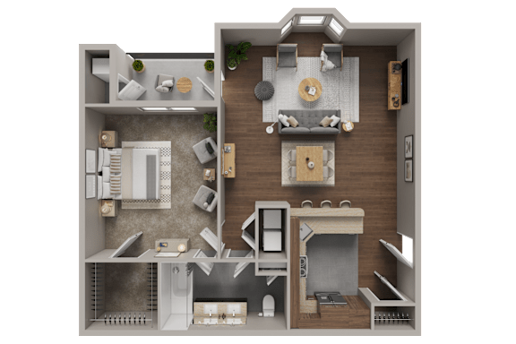 A 3D rendered image of a modern apartment layout.