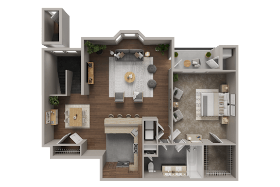 A 3D rendered image of a house layout with a living room, kitchen, and bedrooms.