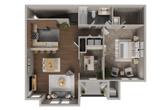 A 3D floor plan of a house with a kitchen, living room, and bathroom.