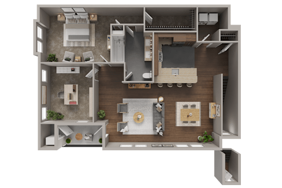 A 3D floor plan of a house showing a kitchen, living room, dining area, and bedrooms.