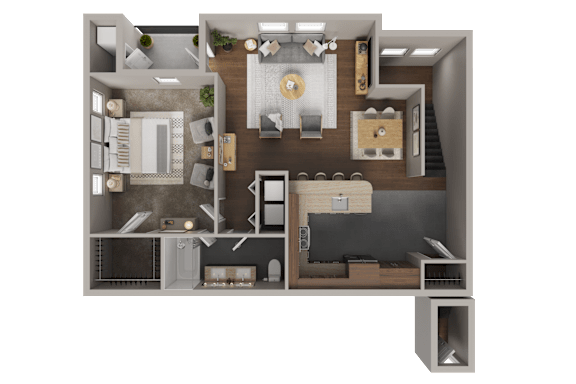 A 3D rendered image of a house layout.