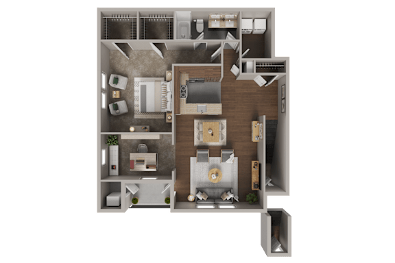 A 3D rendered image of a house layout.