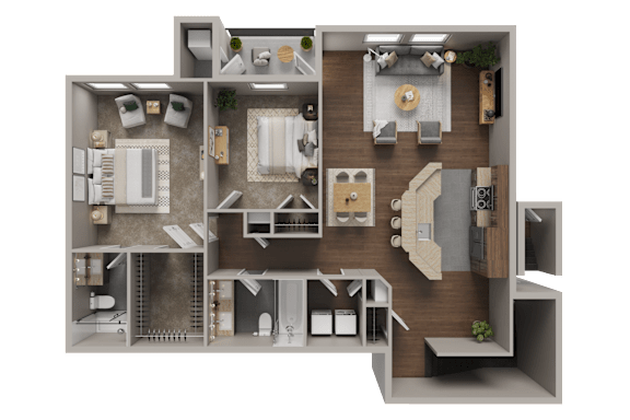 A 3D floor plan of a house with various rooms and furniture.