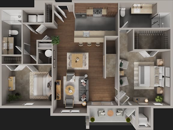 A 3D rendered image of a house layout.